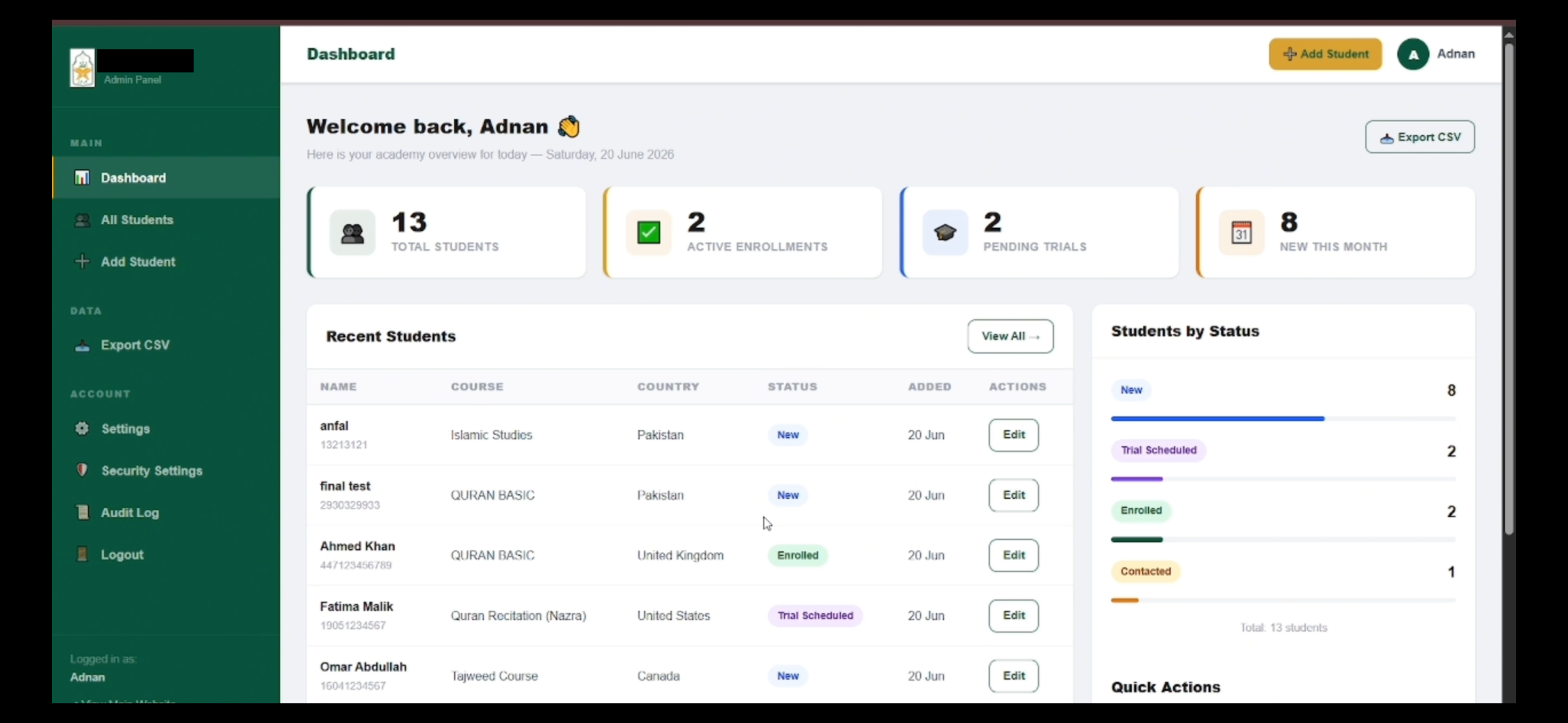 Admin dashboard for managing student records and enrollment status
